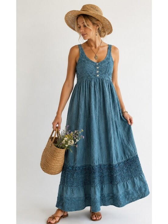 Vintage Dresses & Skirts - Vintage Coline Embroidered Tiered Boho Maxi Dress Teal Paisley French Large